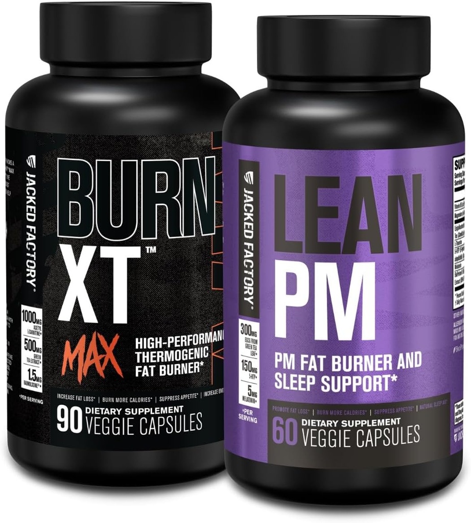 Jacked Factory 24/7 Fat Burner Stack - Burn XT MAX Fat Burner haute performance (90 capsules) - Lean PM Nighttime Sleep Support for Weight Loss and Appetite Suppression (60 capsules)