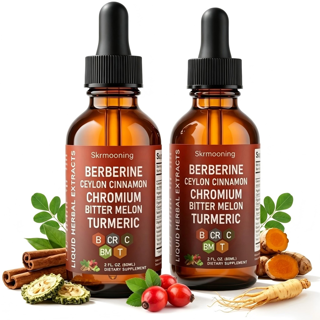 Berberine Liquid Drops - 2 Pack Ceylon Cinnamon Drops with Bitter Melon Extract, Turmeric, Chromium, Gymnema, Organic Panax Ginseng and Moringa - Vegan, Non-GMO Supplement, 2 Fl Oz