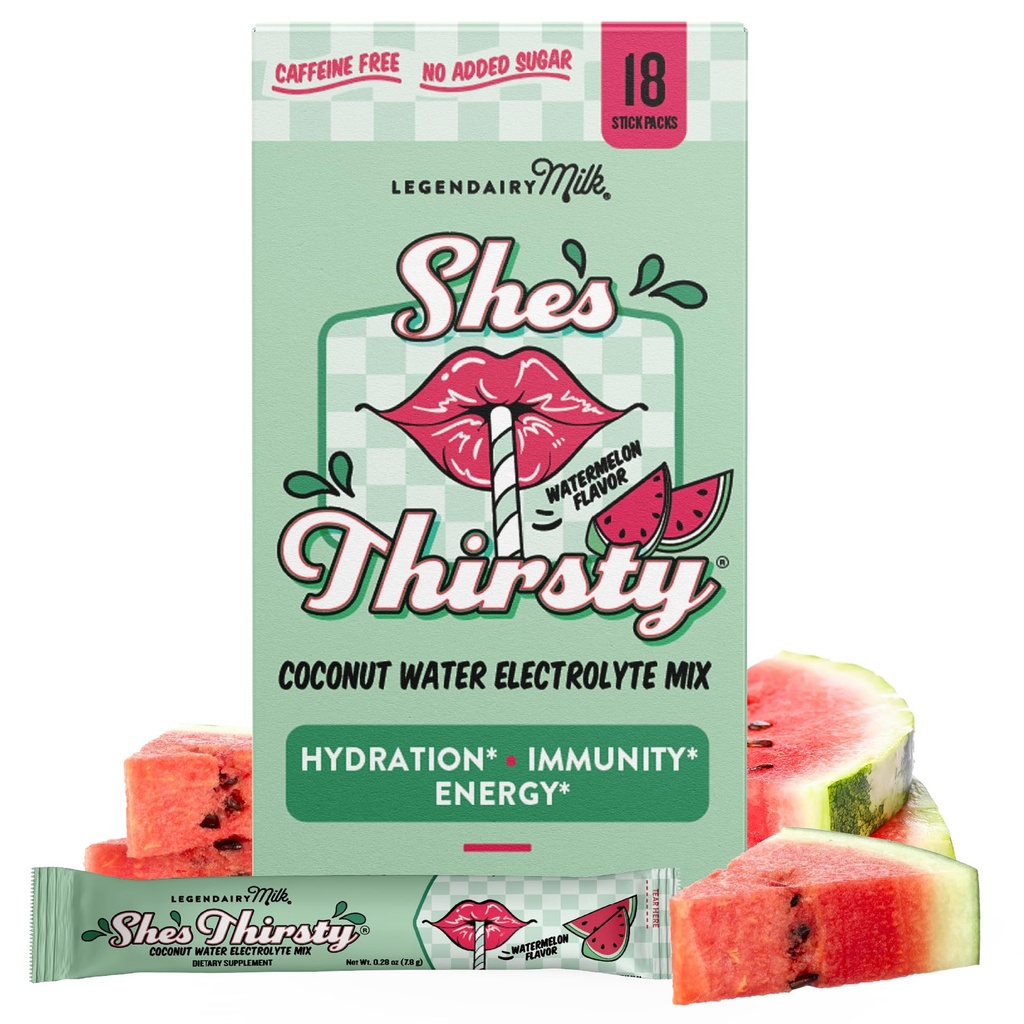 Legendairy Milk She's Thirsty Watermelon, No Sugar Added Electrolytes Powder Packets–Coconut Water Mix for Women, Instant Hydration Packets, Immune Support, Pregnancy Safe, 18 Ct