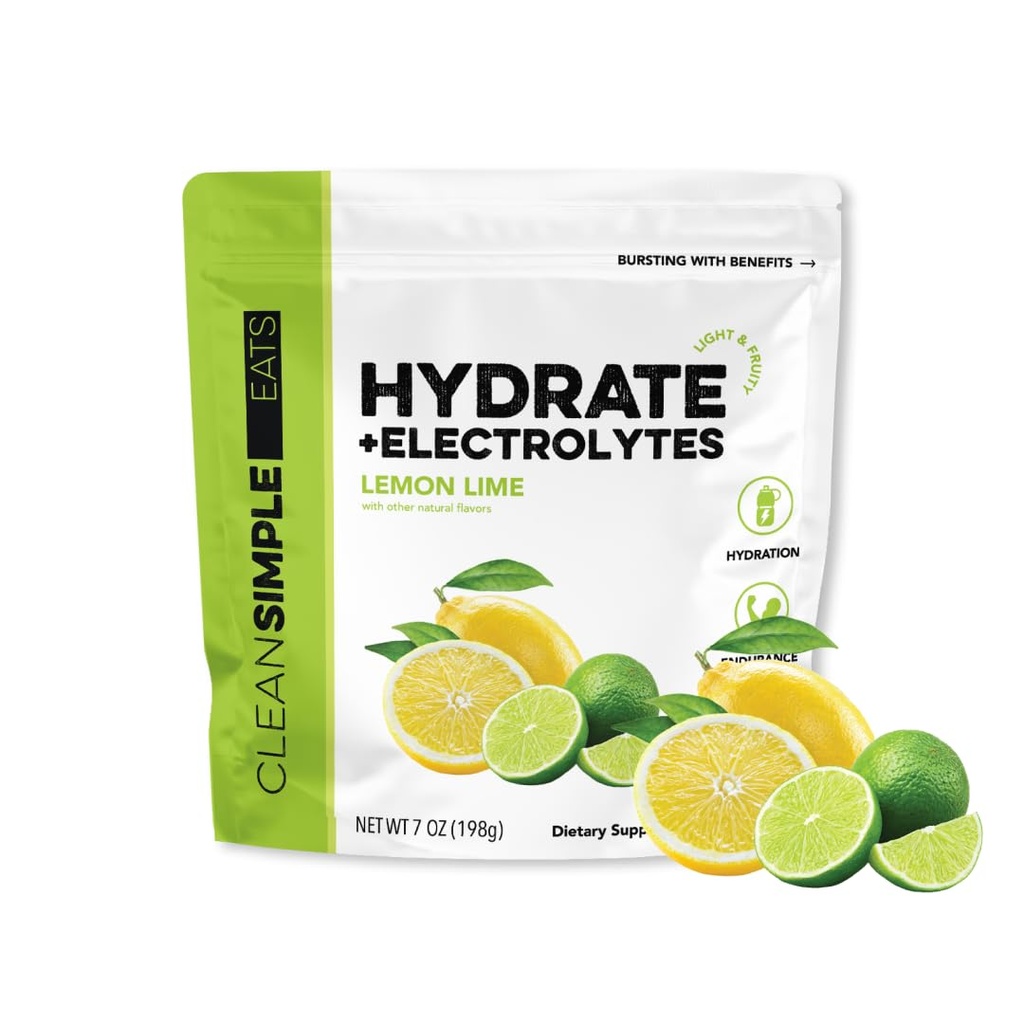 Clean Simple Eats Hydration Drink Mix with Electrolytes & Amino Acids, Naturally Sweetened Powder for Hydration & Recovery, No Artificial Ingredients, Gluten Free, Lemon Lime Flavor, 30 Servings