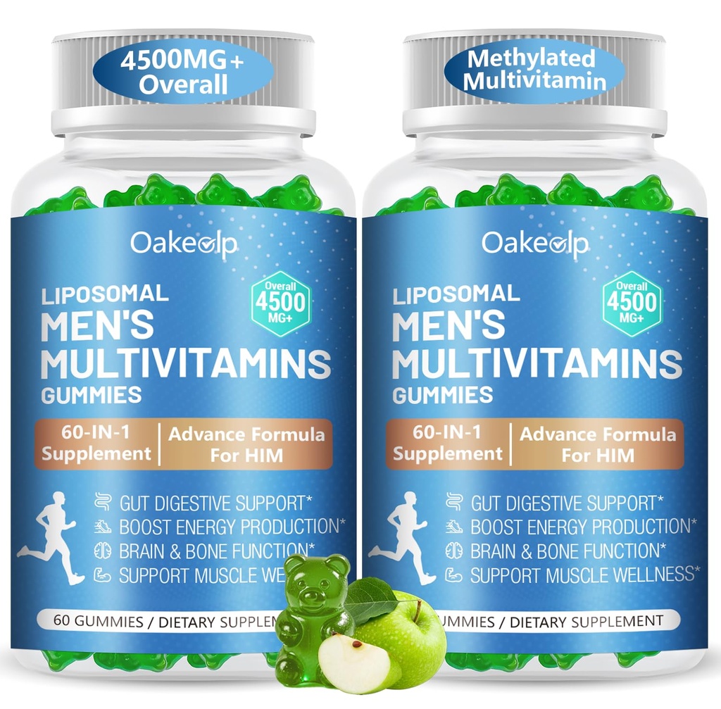 2 Pack 60-IN-1 Liposomal Methylated Multivitamin Gummy for Men Overall 4500MG+,Vitamin A C D3 K E B Complex ,Probiotics,Omega 3,CoQ10,Zinc,120+ Nutrients,for Immune,Heart and Digestive Wellness