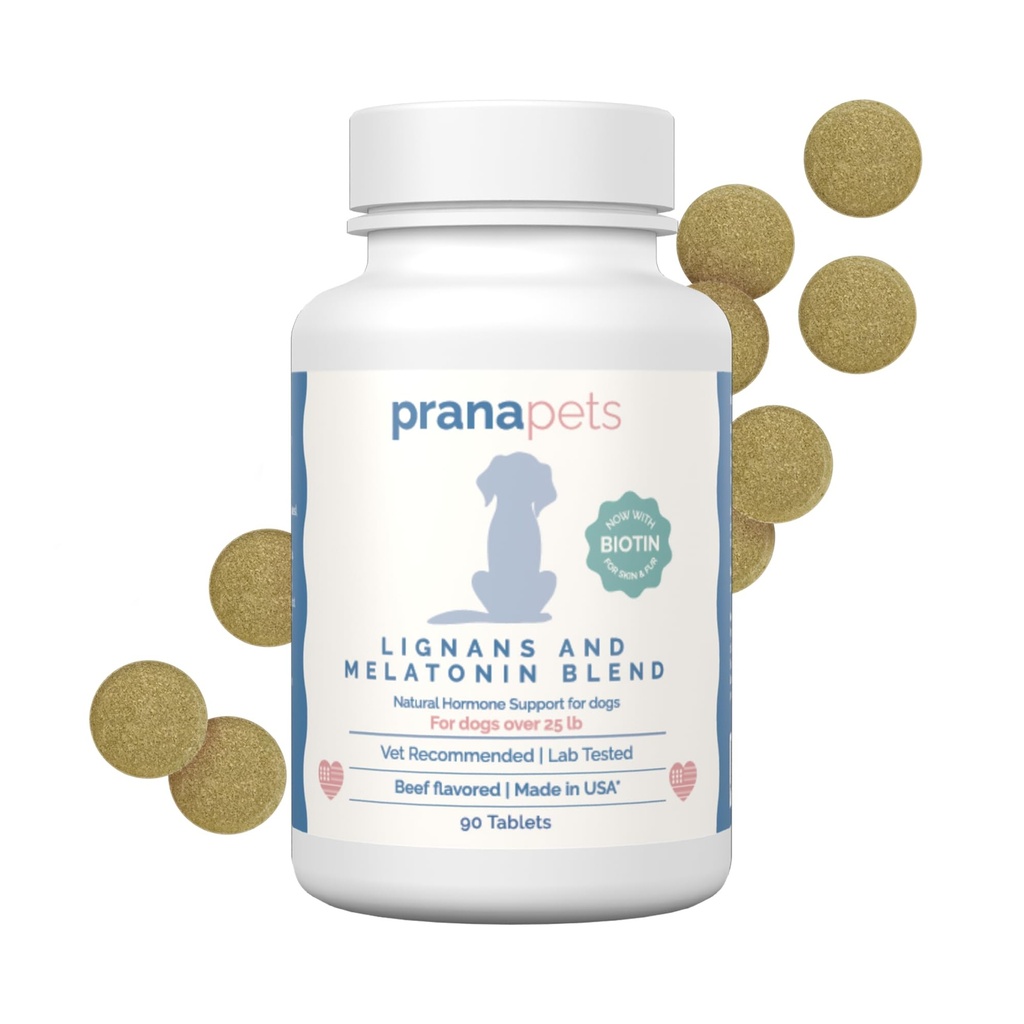 PranaAnimaux Lignans & Melatonin avec mélange de biotine aide naturellement à soulager les symptômes de cushing de chiens de plus de 25 lb