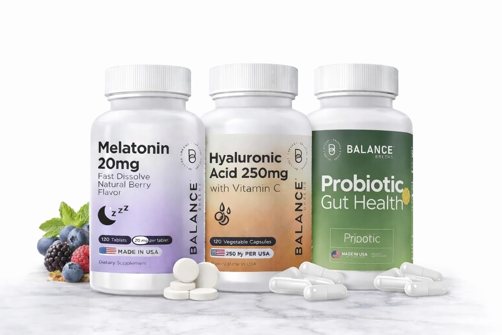 Balancebreens Melatonin + Hyaluronic Acid + Probiotics Sleep, Skin & Gut Support Bundle