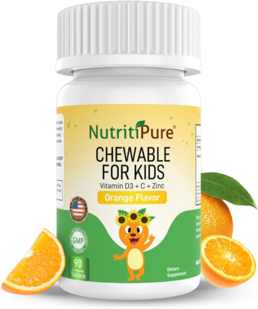 Vitamine à croquer D3 (Cholecalciferol) 25 mcg (1000 UI) + Zinc (Citrate de zinc) 5mg + Vitamine C 30mg pour les enfants Arôme orange 90/Bouteille (1)