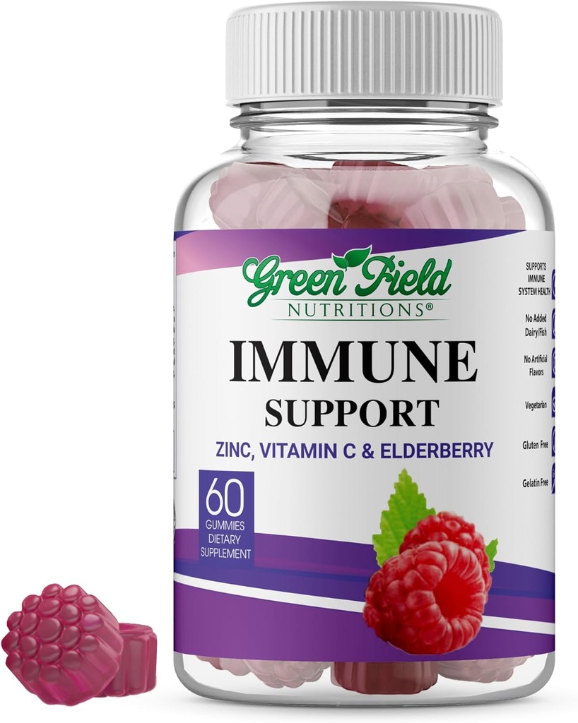 Greenfield Nutritions Immune halal Soutien Gommies de baies aînées pour adultes - soutient votre système immunitaire naturellement avec le zinc halal et la vitamine C Gommy - 60 Delicious Mixed Berry Gommies Vitamines halales