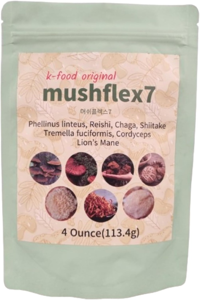 K-Food 7 Supplément en poudre de champignons avec Phellinus linteus, Red Reishi, Lion, Cordyceps, Chaga, Shiitake, Tremella fuciformis, Production de Corée – 4 Ounce