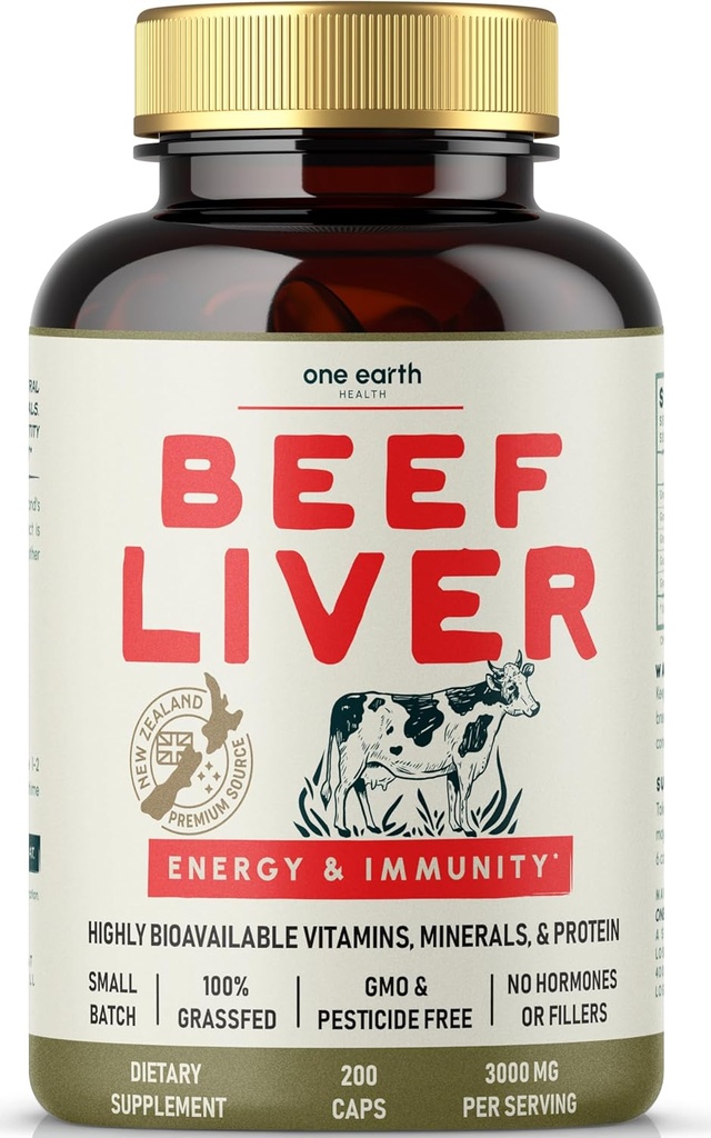 Une capsule de foie de boeuf de santé terrestre. Foie de boeuf de Nouvelle-Zélande. Pâture élevée. Sans OGM et sans remplissage. 200 Capsules (3 000 mg)