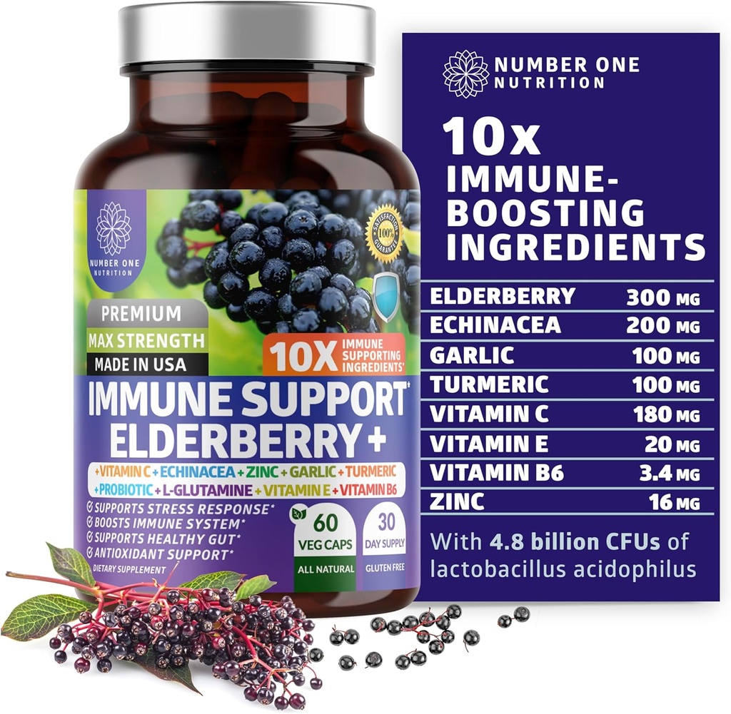 Supplément de soutien Immune Premium 10 en 1 [10 ingrédients potentiels] avec sureau, vitamine C, échinacée, zinc et probiotique pour le soutien Immune, la santé Gut et une meilleure digestion, 60 capsules de légumes