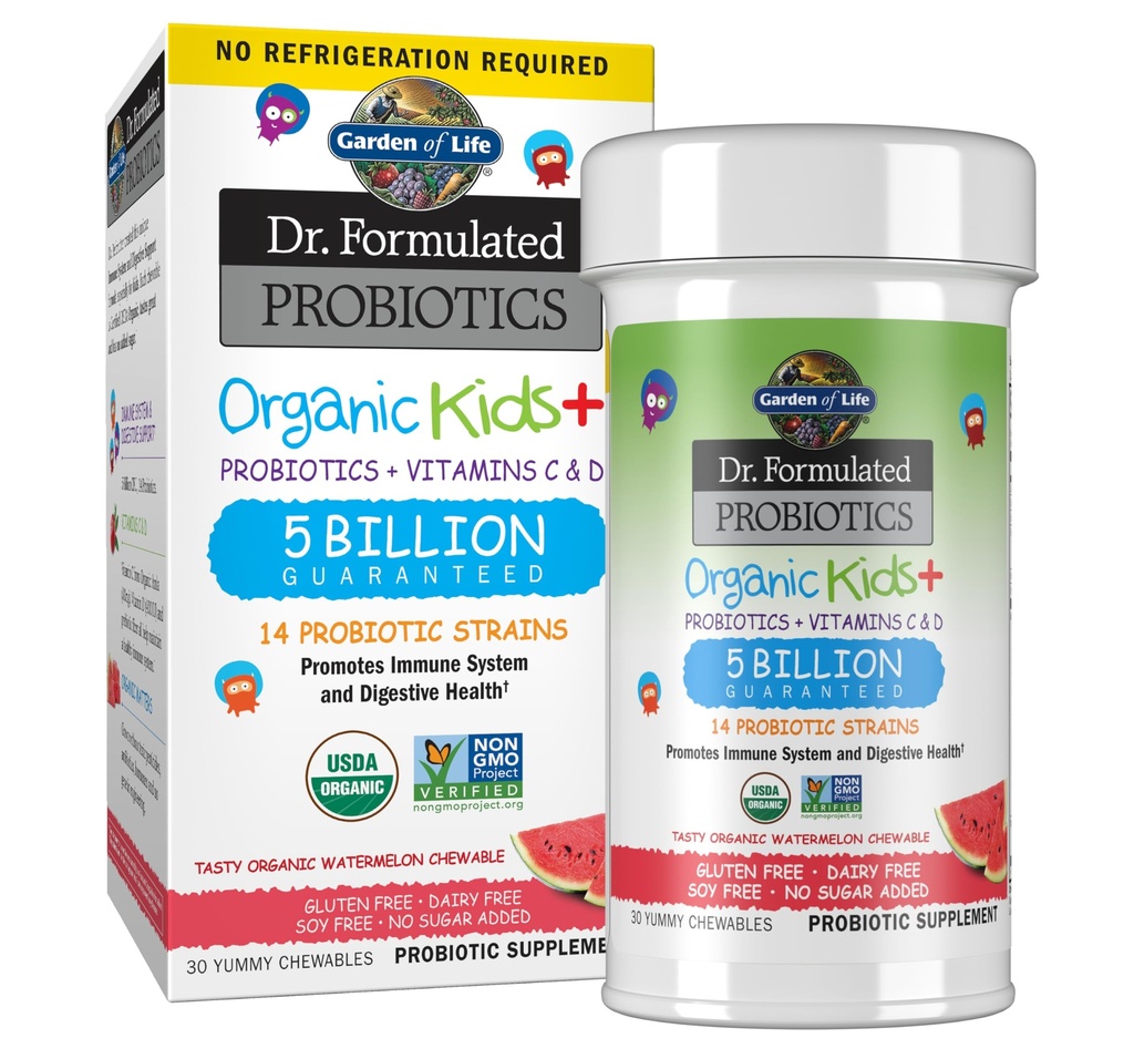 Jardin de la vie Dr. Probiotiques préparés Bio Kids+ plus Vitamine C & D - Pastèque - Sans gluten, laiterie et soya Immune et supplément de santé digestif, Pas de sucre ajouté, 30 Chewables (Étable)