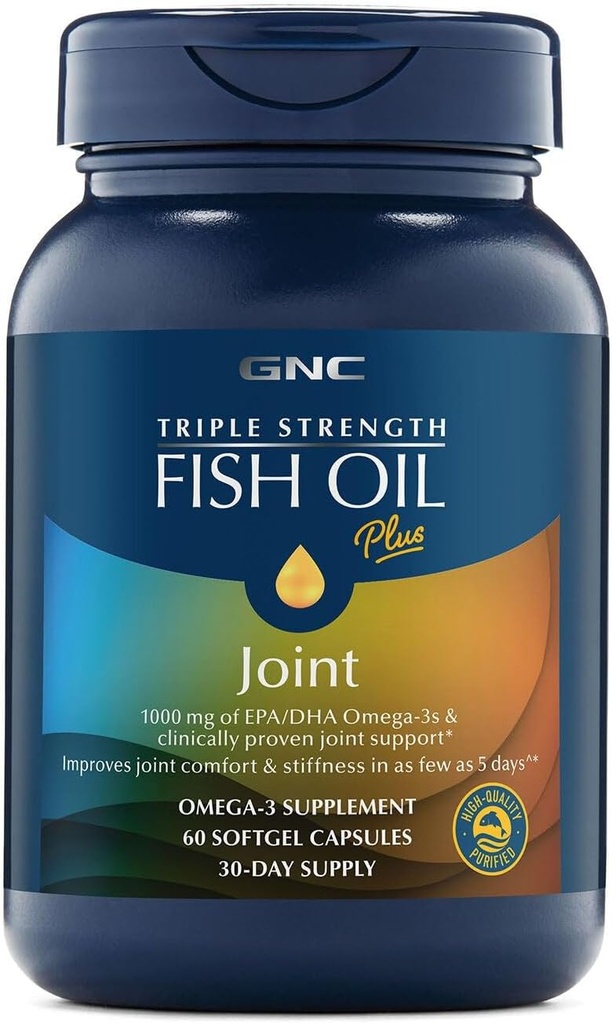 GNC Triple Strength Fish Oil Plus Joint Omega 3, 1000mg EPA et DHA, Heart Health, Plus rapide 5 jours confort, cerveau, peau et yeux, antioxydants et extraits botaniques, contrôle Burps de poisson, 30 portions