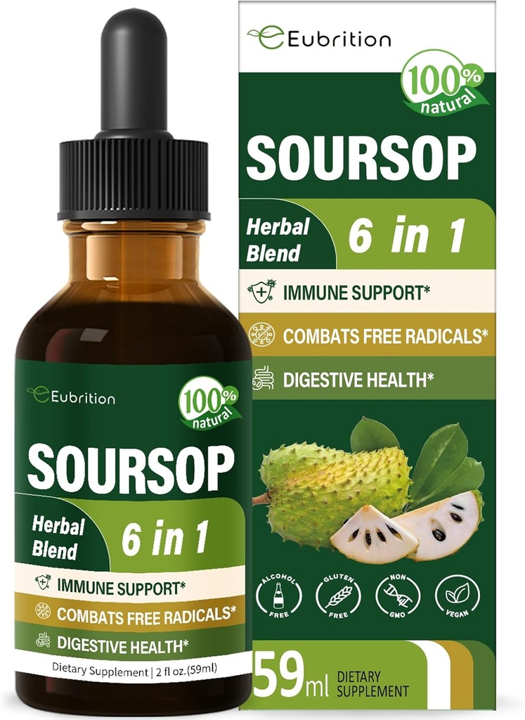 Sursop(Guanabana) Feuilles et gouttes d'extrait de fruits pour le soutien du système immunitaire, Sursop Bitters liquide pour la santé digestive, supplément de Graviola Plus Reishi et vitamine B6, riche en nutriments. 2 oz