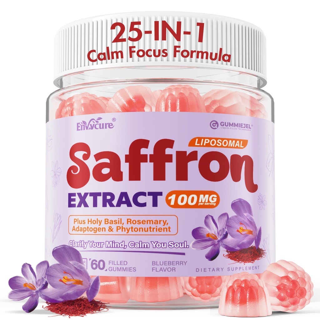Liposmal Saffron Gummies for Adults 100mg, Saffron Extract Supplements with B6, B12, D3, Magnesium, Zinc, Holy Basil, Rosemary, Adaptogen & Phytonutrient for Mood, Focus, Nerve, Sugar Free, 60Cts