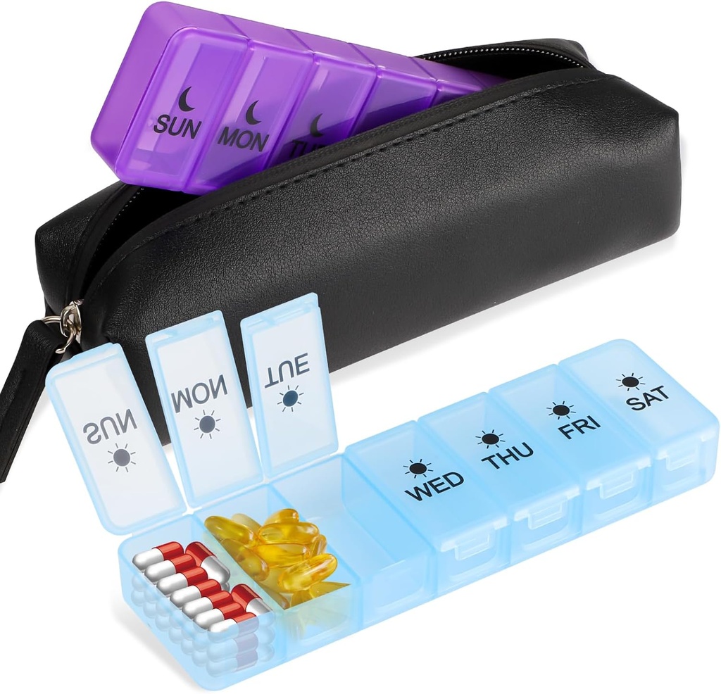 Boîte à pilules de 7 jours amovible, 14 compartiments Médecine PP Boîte de stockage, Boite à médicaments sans BPA avec sac imperméable, boîte à pilules de deux jours pour suppléments de vitamine et huile de poisson