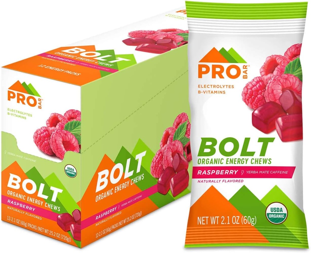 PROBAR - BOLT Énergie biologique Chews, framboise, non-OGM, sans gluten, USDA certifié biologique, saine, énergie naturelle, carburant rapide avec vitamines B & C (12 comte)