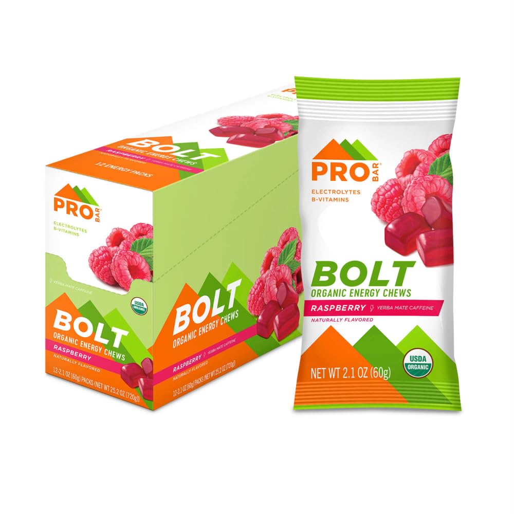 PROBAR - BOLT Énergie biologique Chews, framboise, non-OGM, sans gluten, USDA certifié biologique, saine, énergie naturelle, carburant rapide avec vitamines B & C (12 comte)