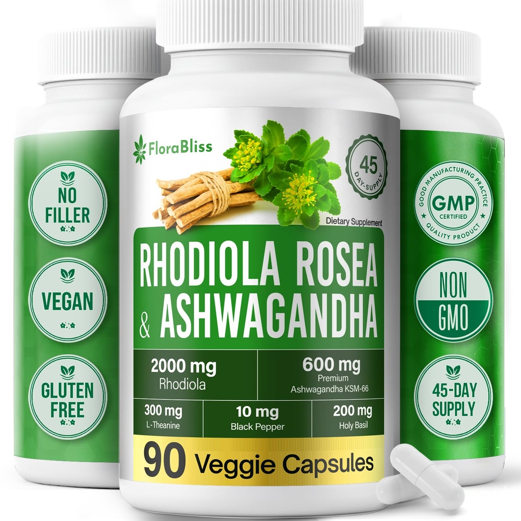 FloraBliss Rhodiola Rosea with Ashwagandha KSM-66, L-Theanine, Holy Basil & Black Pepper - 90 High Potency Vegan Capsules - 45-Day Supply