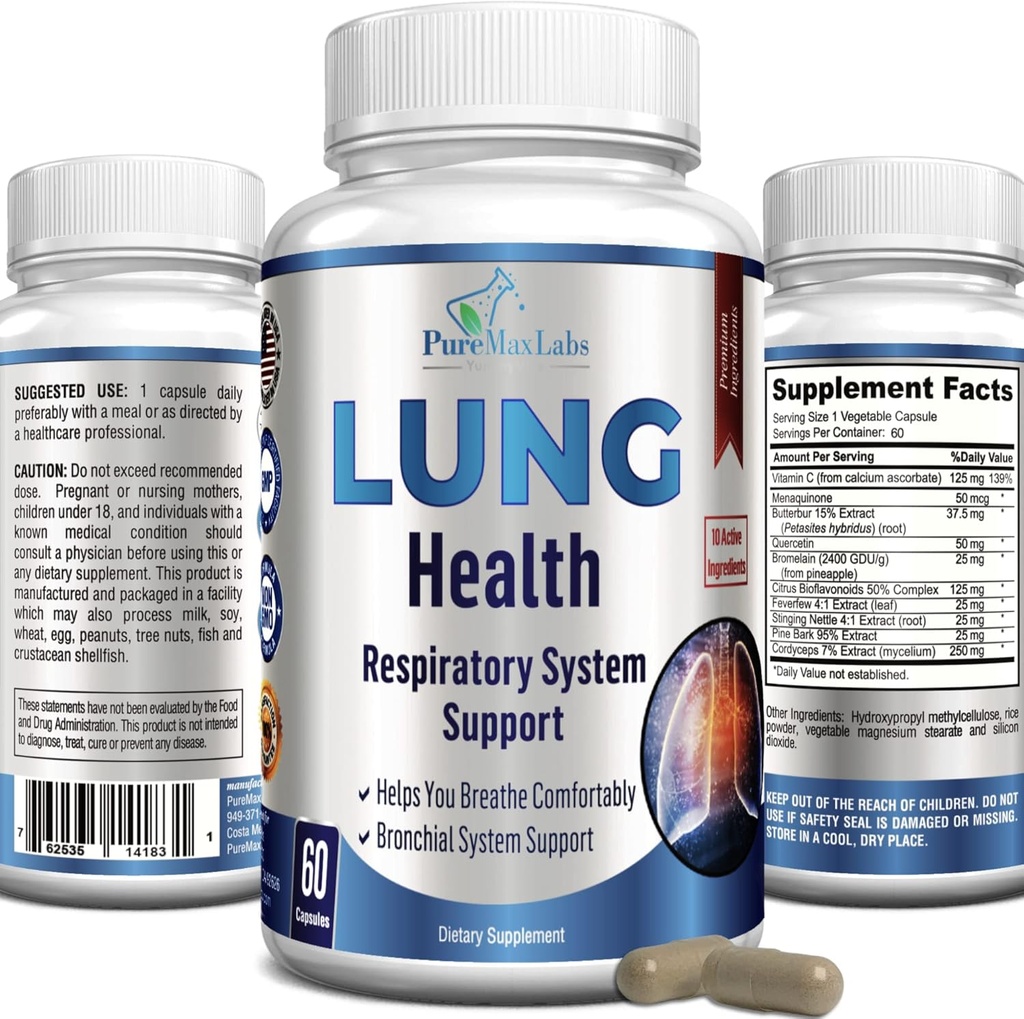 Supplément de soutien pulmonaire, Lung Cleanse & Lung Detox Formula, Lung Health Support for Clear Lungs, Respiration confortable, Bronchial Health, 60 Capsules