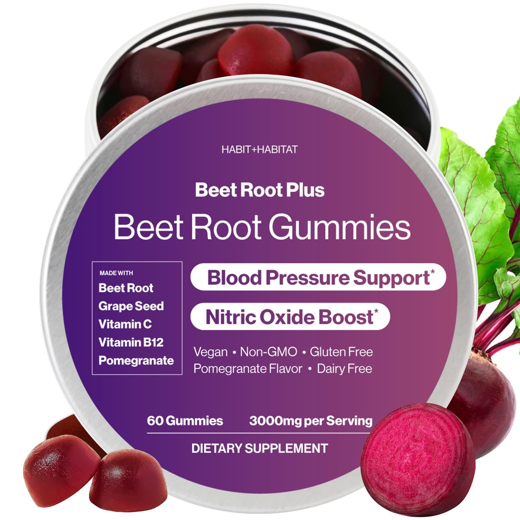 Beet Root Gummies - Nitric Oxide Supplements for Men & Women, Supports Healthy Blood Circulation - Non-GMO, Gluten-Free Beetroot Supplement - Pomegranate Flavor - 60 Gummies
