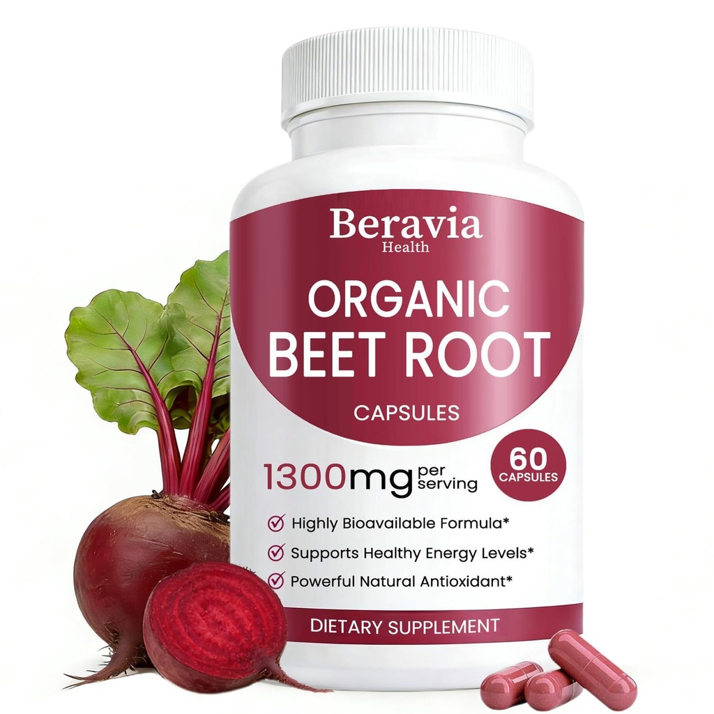 Organic Beet Root Capsules, Beetroot Capsules 1300mg | 60 Capsules, 30-Day Supply | Health & Energy Support | Natural, Vegan & Non-GMO | Beet Root Supplement for Women & Men (1 Bottle)