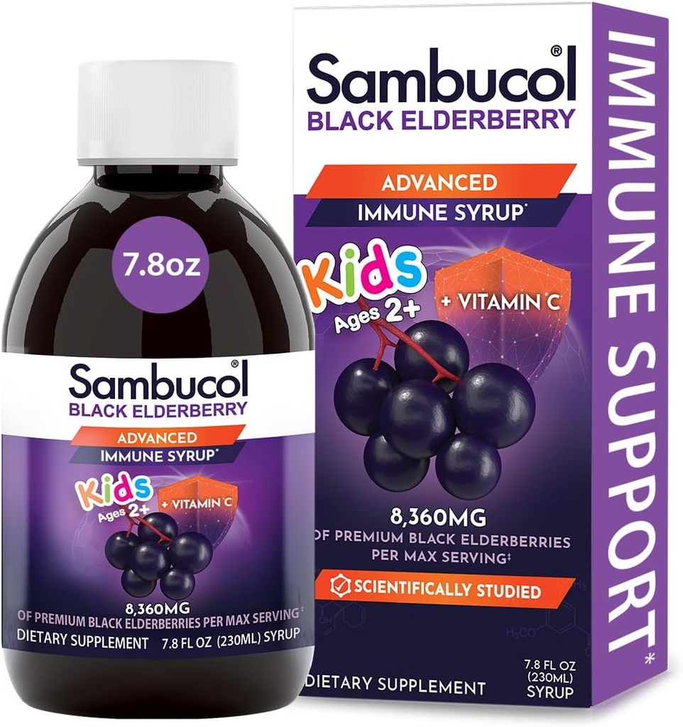 Sambucol Black Elderberry Sirop for Kids - Extrait de baies aînées Enfants, Sirop de baie aînée enfants, Black Elderberry for Kids, Soutien aux enfants immune - 7,8 Fl Oz
