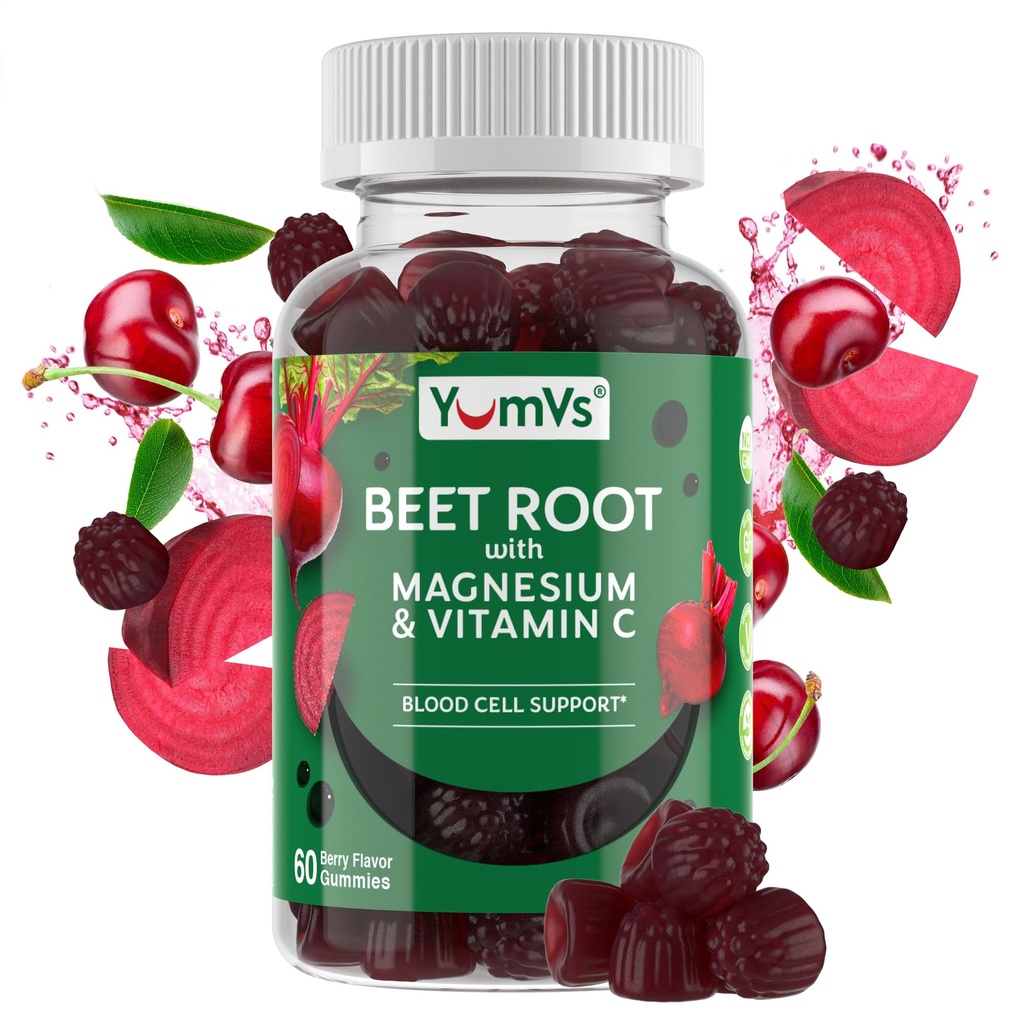 Gommies de racines de betteraves de YumV avec Magnésium et Vitamine C - Gommies de betteraves à saveur de baies - Mâches de betteraves pour la circulation sanguine et le soutien antioxydant - Gommy de betteraves rouges - Compte 60 (paquet de 1)