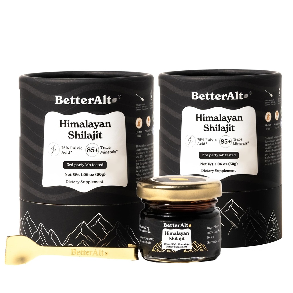Better Alt Pure Himalayan Shilajit Resin Pack de 2 services d'or de haute puissance de grade 150 pour stimuler l'énergie et le soutien immunitaire, 85+ Trace Minerals, 75%+ Fulvic Acid, avec rapport de test de laboratoire,400 mg