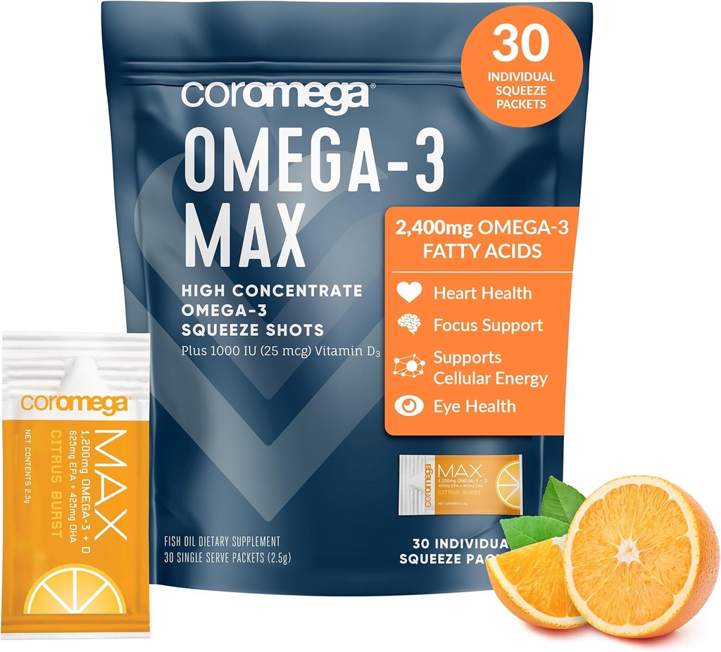 Coromega MAX 2400mg Omega-3 Huile de poisson + Paquets de pression de vitamine D, Wild-Caught, Pas de goût de poisson - 3X Meilleure absorption que les softgels, soutient la santé du cerveau et du coeur (30 portions, agrumes Burst)