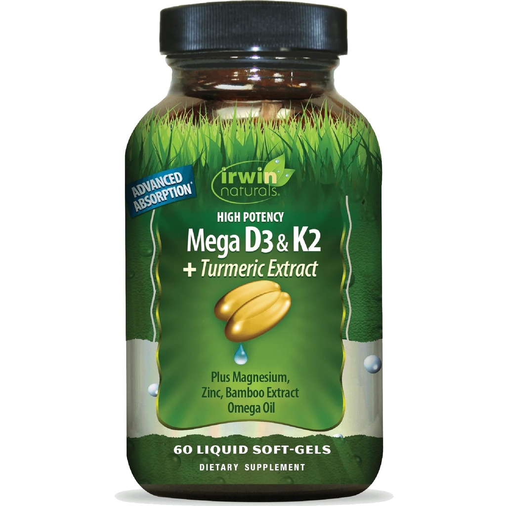 Irwin Naturals Haute puissance Mega D3 & K2 + Extrait de curcuma — 60 liquides doux-gels