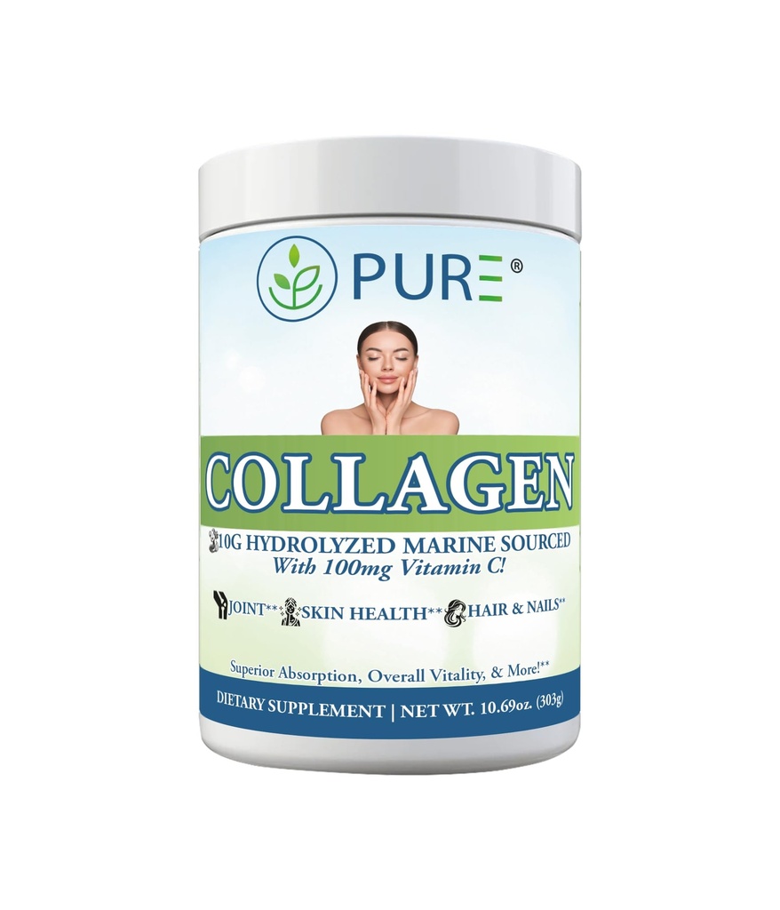 PURE® Hydrolyzed Marine Collagen Powder - 10g Collagen per Serving - 30 Servings Unflavored - with 100mg Vitamin C for Maximum Absorption - Skin, Hair, Nail & Joint Support - Non-GMO, Made in USA