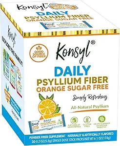 Konsyl Daily Fibre Orange 100% naturel Psyllium Husk en poudre - sans sucre et sans gluten - 30 sacs à bâton individuels