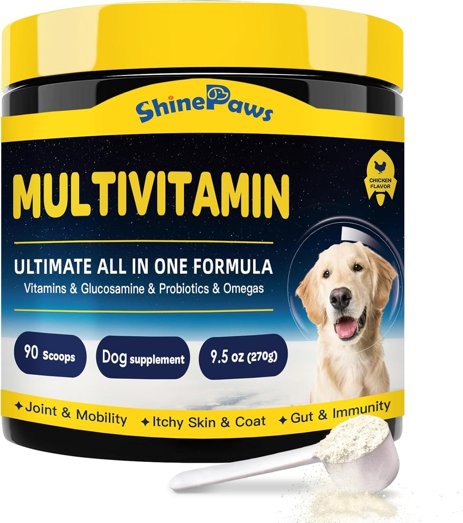 Vitamines de chien, poudre de multivitamines de chien, avec probiotiques, glucosamine, Omega 3, support Gut, joint et mobilité, démangeaisons de peau et de manteau, minéraux et antioxydants pour la santé immunitaire, suppléments quotidiens essentiels de chien