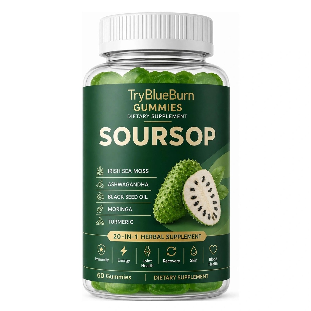 TryBlueBurn Soursop Gummies with Sea Moss, Ashwagandha, Black Seed& Moringa – Herbal Immune Support Supplement with Turmeric – Vegan, Non-GMO – 60 Gummies