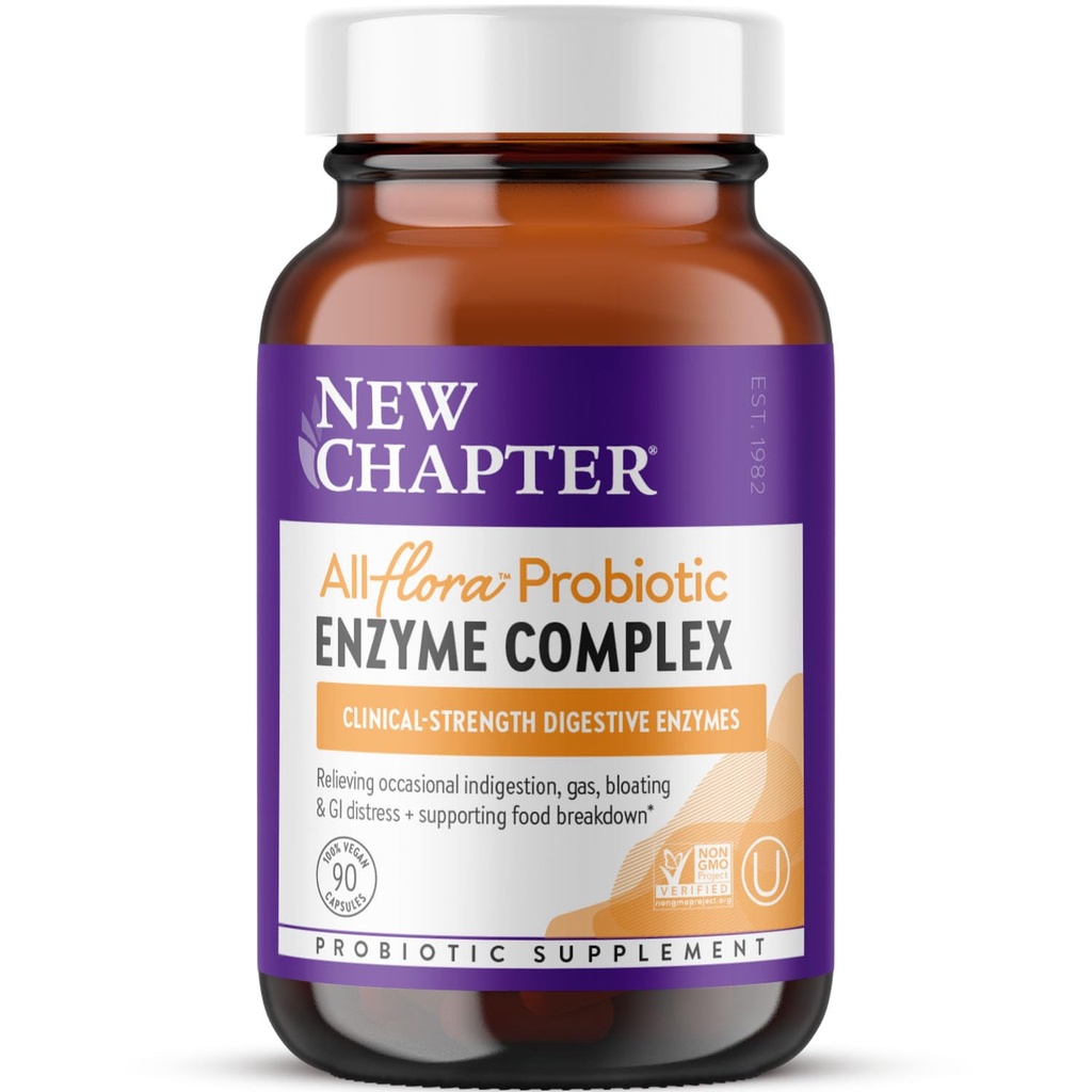 New Chapter All-Flora Enzyme Complex with Probiotics Relieves Bloating & Gas - Clinical-Strength Digestive Enzymes + Ultra-Concentrated Probiotics + Fermented Vitamin B12, 90 Vegan Capsules