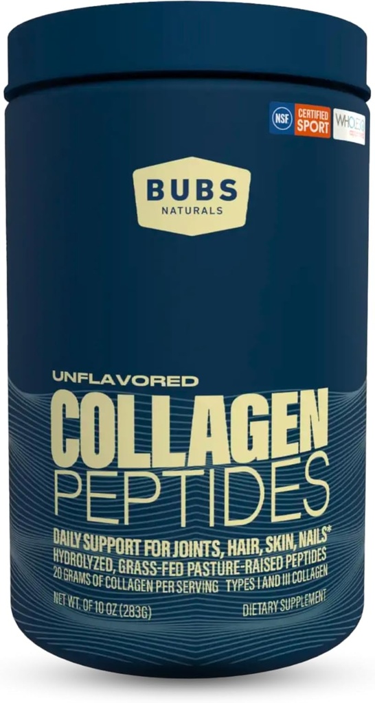 BUBS Naturals Peptides de collagène non aromatisés Poudre, Meilleures protéines pour les articulations et la peau, Pâturage élevé Grass Fed, Paléo et Keto Friendly, Entière30 Approuvé, Sans produits laitiers et sans gluten, 10oz, 14 portions