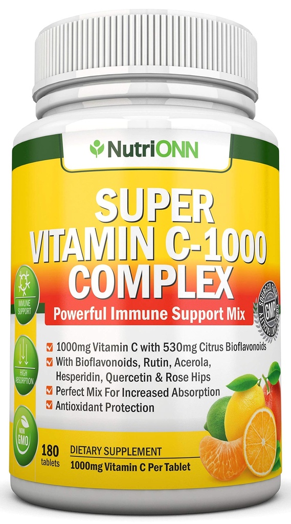 Super Vitamin C Complex - 1695Mg - 180 Tablets - With 530 mg Natural Citrus Bioflavonoids, Rose Hips, Rutin, Quercetin & Hesperidin For Increased Absorption - Advanced Immune Support - Non-GMO