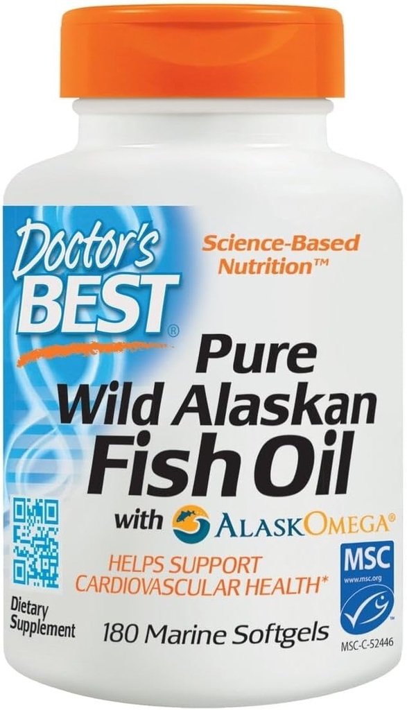 La meilleure huile de poisson sauvage d'Alaska avec AlaskOmega, cœur, cerveau, bien-être mental, yeux, non OGM, sans gluten, 180 softgels marins