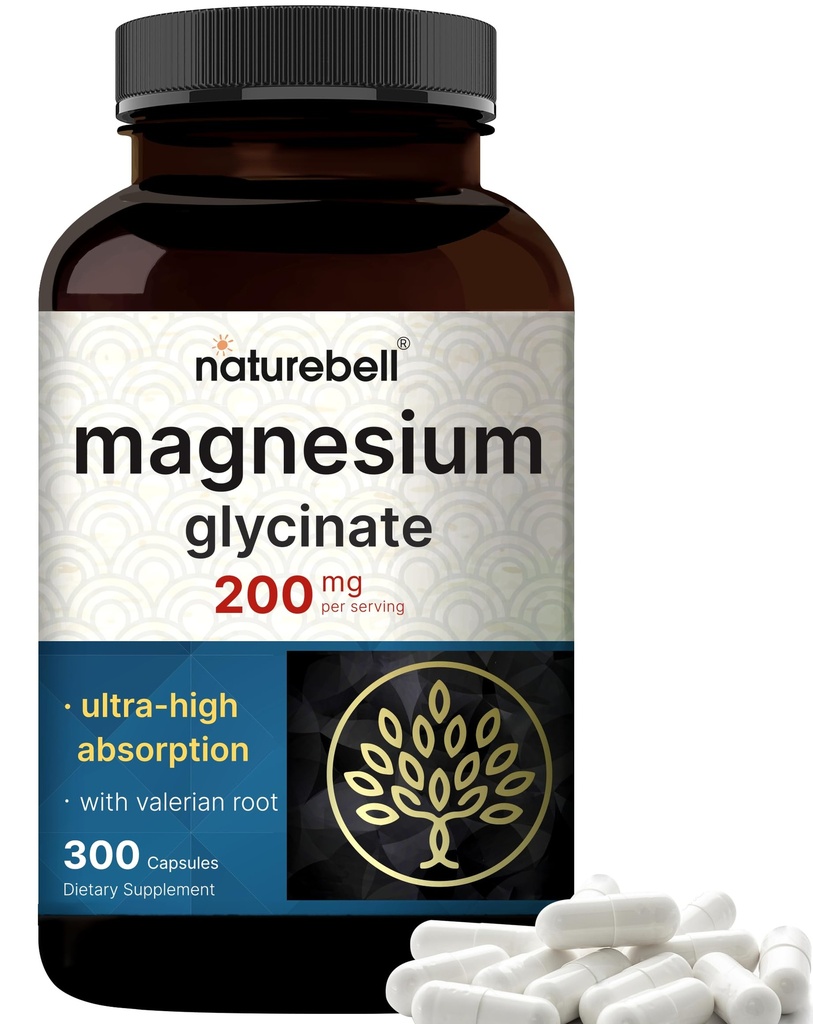 Pure Magnesium Glycinate for Sleep, 200mg with Valerian Root, 300 Capsules | 100% Chelated & Purified Mineral Supplement – Ultra High Absorption – Non-GMO, Gluten Free