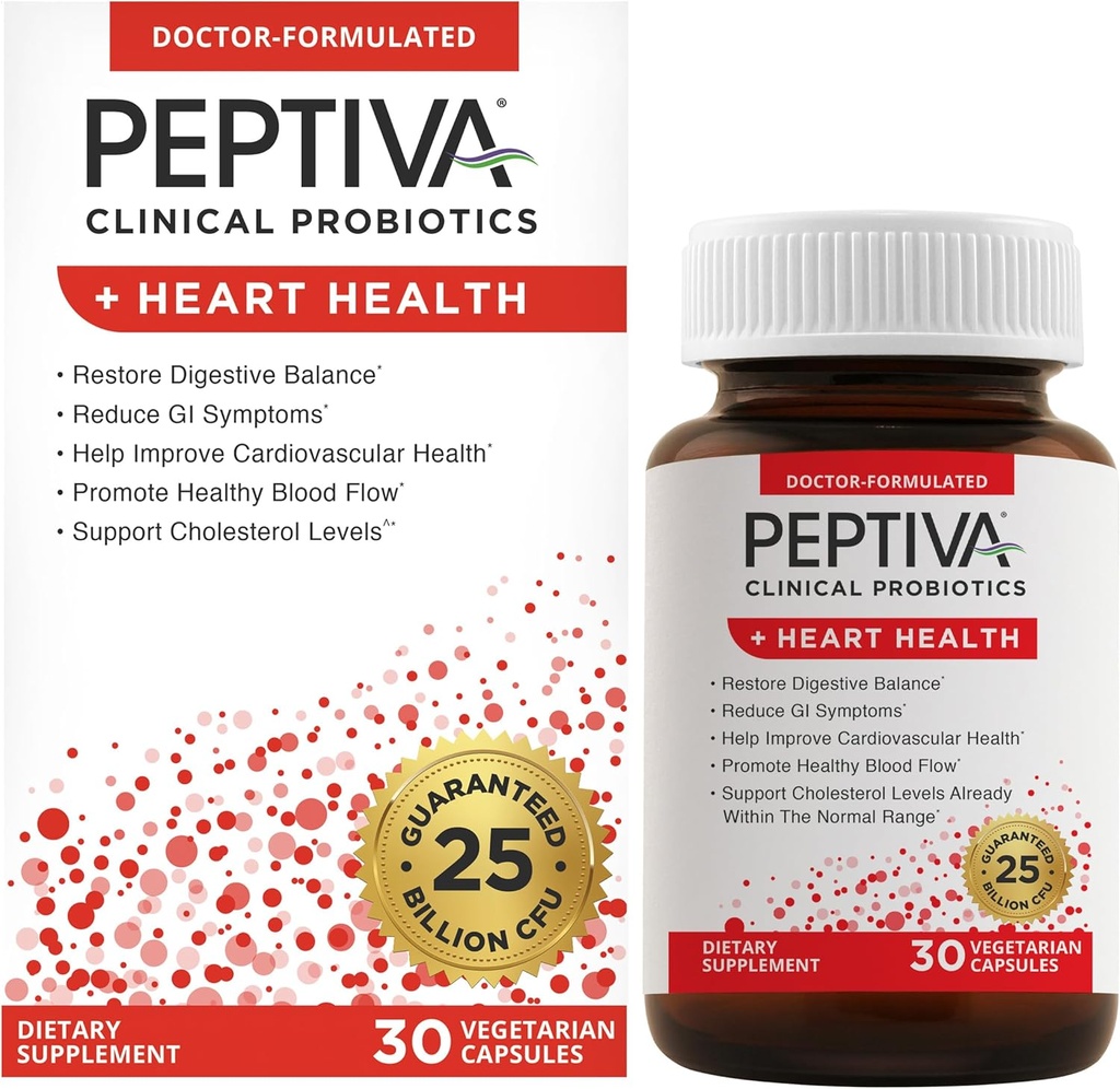 Peptiva Probiotiques Santé cardiaque - Supplément de soutien de la santé cardiaque, 25 milliards UFC, Probiotique multi-train, Lactobacillus Acidophilus, Bifidobacterium, Soutien digestif - 30 capsules végétariennes