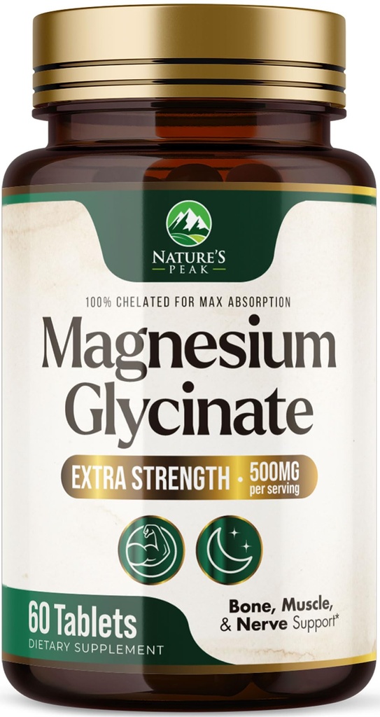 Magnesium Glycinate 500mg Per Serving - Chelated Magnesium Supplement for High Absorption Supplement - Muscle, Bone & Heart Health Support - Easy on Stomach Non-GMO Vegan, USA Bottled - 60 Tablets