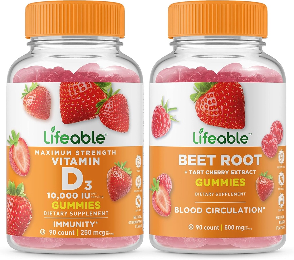 Vitamine D à vie 10000 UI + racine de betterave, bundle de gommes - Grande dégustation, supplément de vitamine, sans gluten, sans OGM, gomme à mâcher