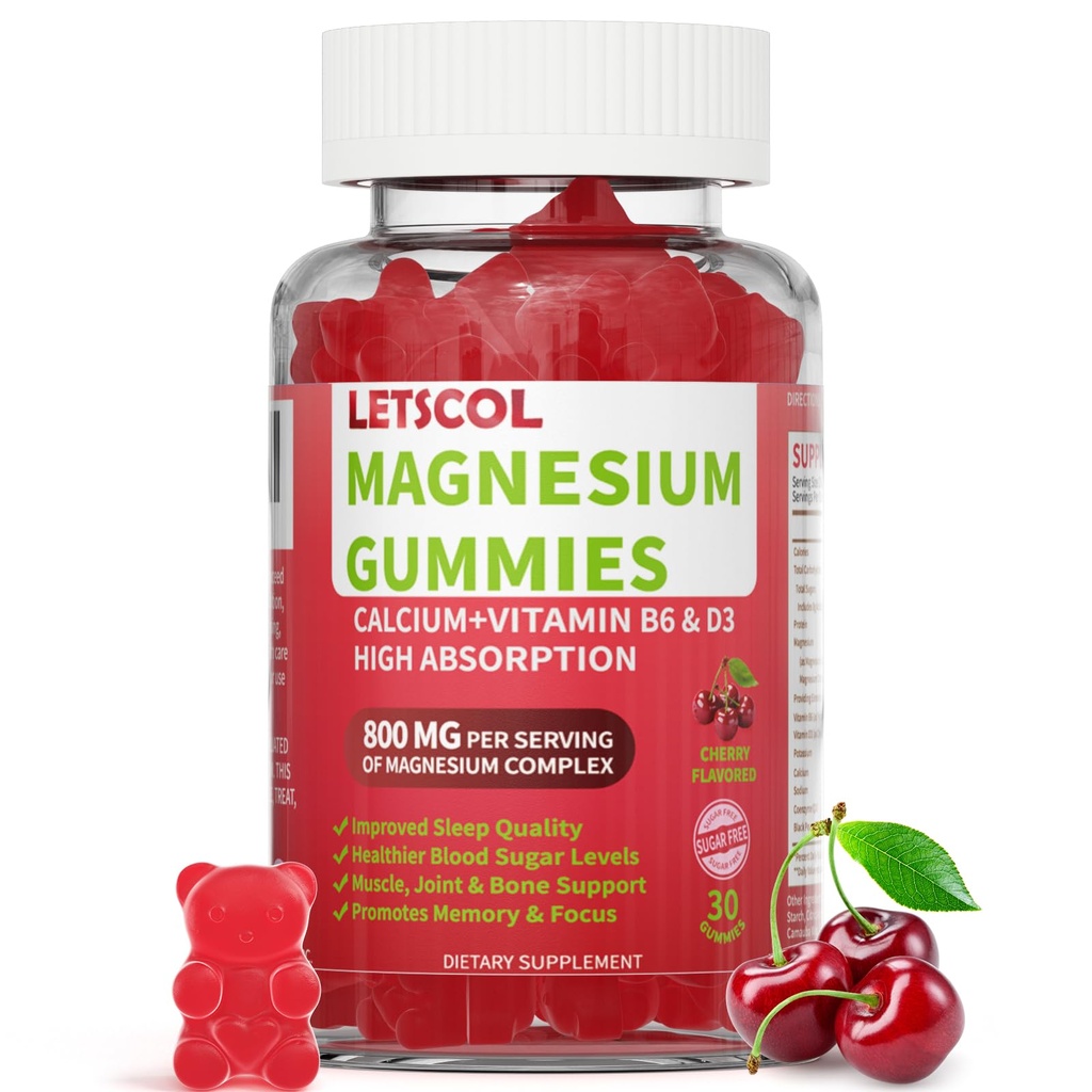 Magnesium Glycinate Gummies, Sugar Free Magnesium Supplement with Magnesium Malate, Calcium, Vitamin D3, B6, CoQ10 for Calm Support & Sleep for Adults Kids