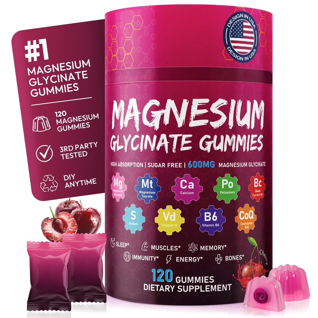 Magnesium Glycinate Gummies 600mg – High Absorption Pure Magnesium Glycinate Complex for Women & Men Support Sleep, Stress & Muscle, Sugar Free, Vegan & Non-GMO – Cherry, 120 Count