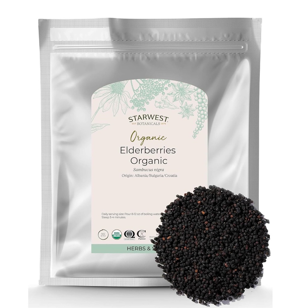 Starwest Botanicals Elderberries biologiques - Fraises séchées pour le sirop, le thé, les gommes et la confiture, soutien naturel immunitaire, casher certifié, non-OGM - vrac 1 lb sac