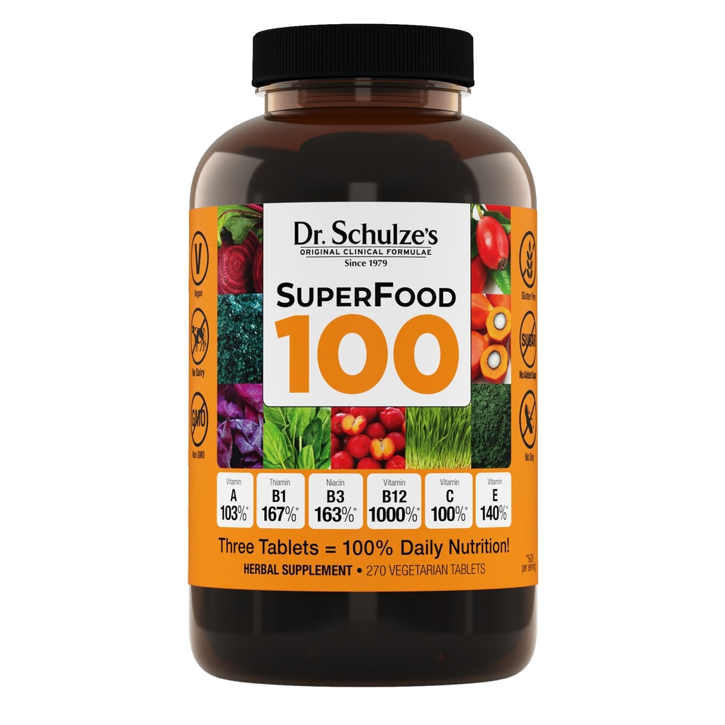 Dr. Schulze's SuperFood 100 - Everyday Superfood Supplement to Support Overall Wellness - Mutivitamin Support for Cellular Nutrition & Energy - Clean Ingredients - Gluten-Free & Dairy-Free - 270 Count