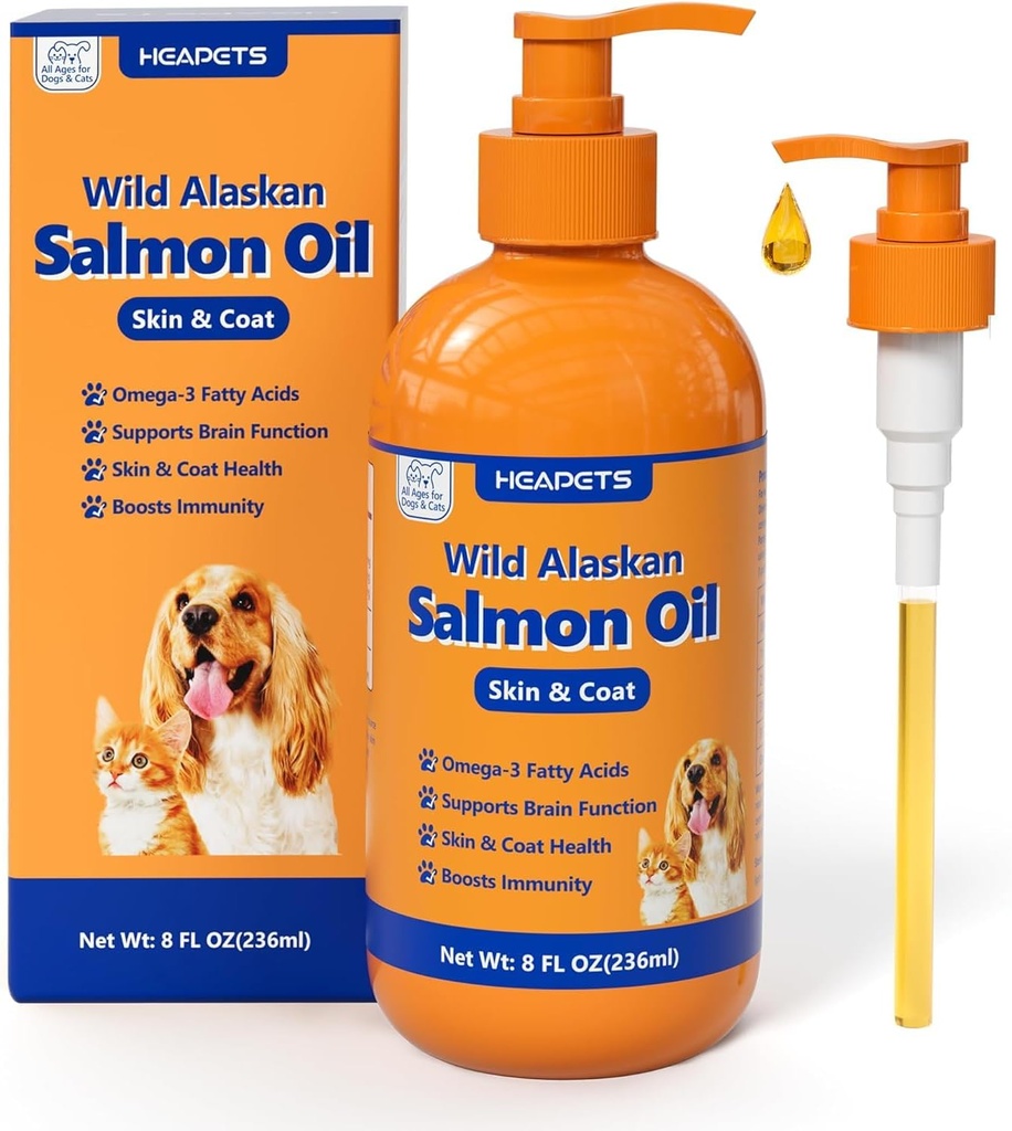 Huile de saumon sauvage de l'Alaska pour chiens et chats, huile de poisson Omega 3 suppléments avec EPA et DHA pour peau et manteau, Immune, cerveau, articulation et santé cardiaque, supplément d'huile de poisson pour chiens et chats avec pompe- 8 oz