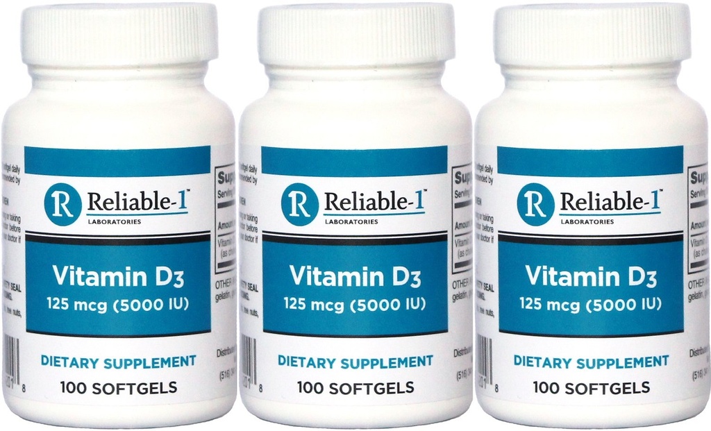 Vitamin D3 5000 IU Softgels by Reliable 1 | High Potency Vitamin D Supplements for Women and Men | Supports Teeth and Immune System | 100 Softgels per Bottle, 3 Bottles