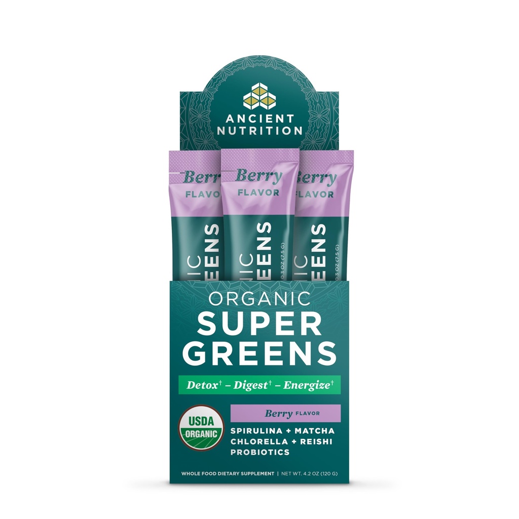 Alimentation ancienne SuperGreens Poudre avec Probiotiques, Bio Berry Flavor Greens, Fabriqué à partir de vrais fruits, légumes et herbes, Soutien digestif et énergétique, 16 Stick Packs, 4.2oz
