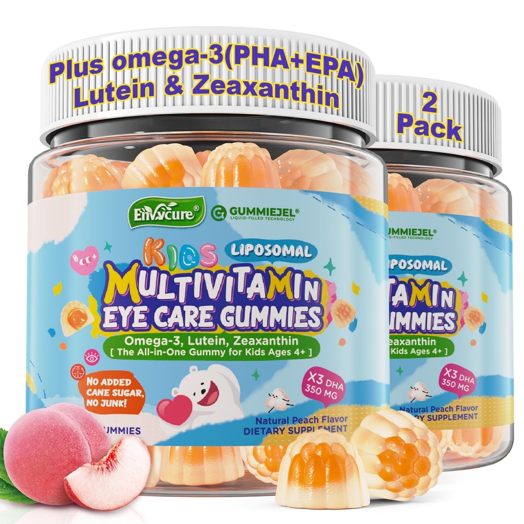 Kids Multivitamin Gummies + Iron, Kids Focus Gummies with Omega-3, Brain Attention Supplements, Memory, Vision, w/ Lutein, Methylated Folate & B12, Probiotics, Fiber, Children Vitamins for Growth 2P