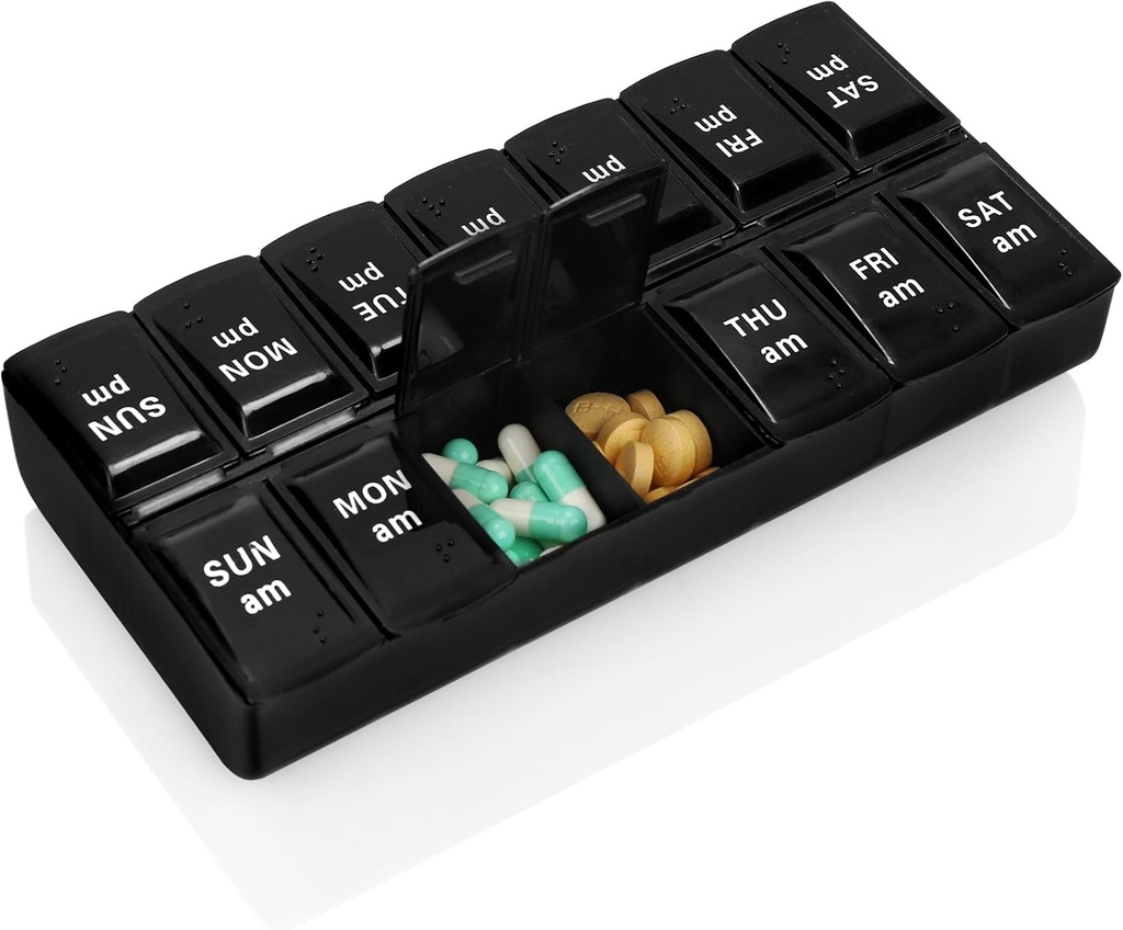 Organisateur hebdomadaire de pilules 2 fois par jour 7 jours Porte-boîte à pilules Grand organisateur quotidien de médicaments Pill Case Pill Container (2 fois noir)