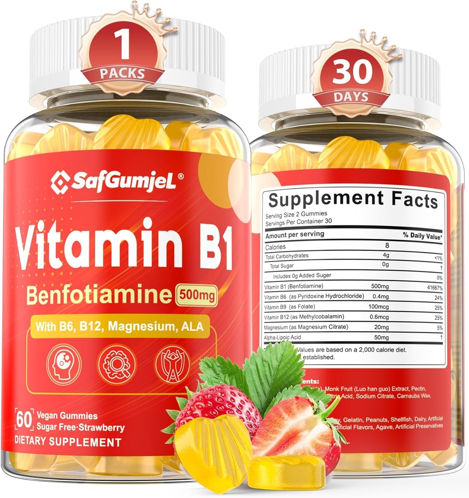Vitamine B1 Gummées: 500mg Benfotiamine avec vitamine B6 B9 B12 & Magnésium pour la santé, l'énergie et le métabolisme Nerveux Soutien au sucre, sans OGM, végétalien, 60 comtes